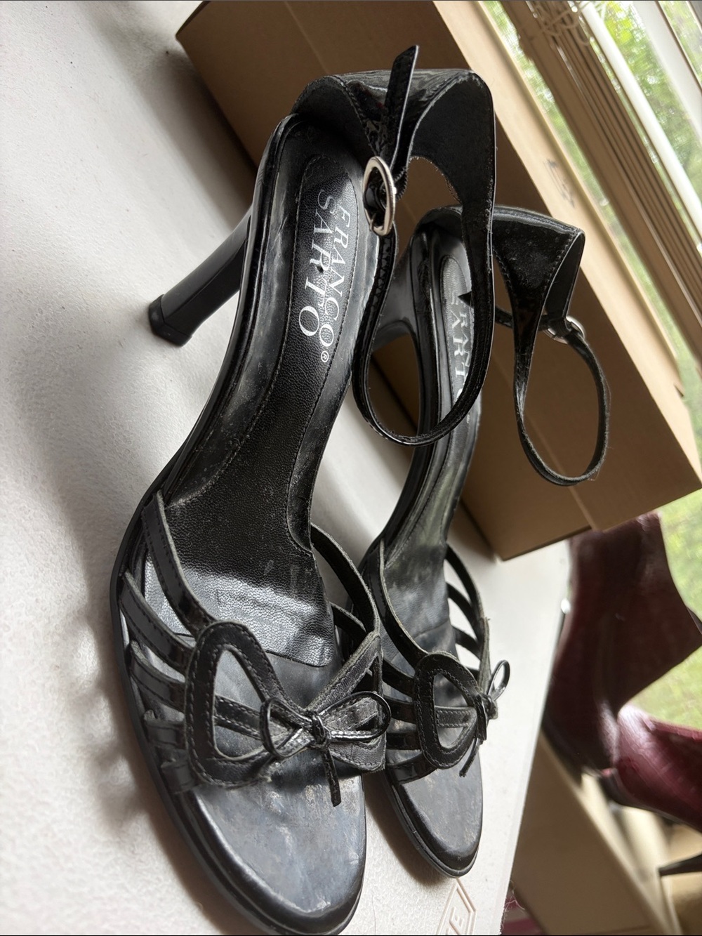 Franco Sarto Black Strappy Heels with Toe Bow and Ankle Strap